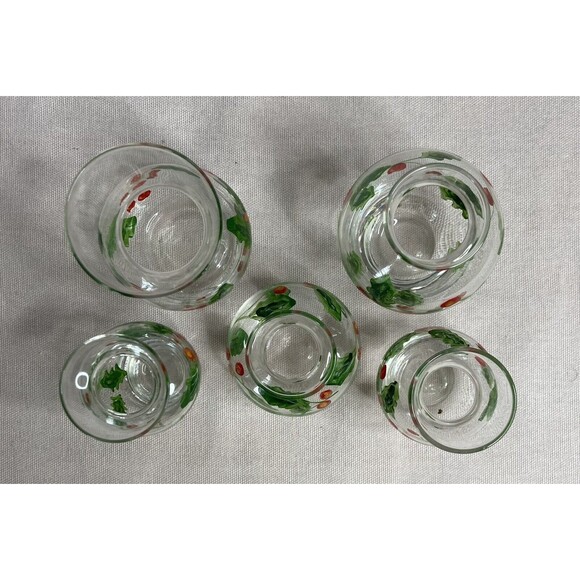 HAND PAINTED GLASS , CLEAR MINI VASES. 5 ITEMS IN THE SET.  VINES & BERRIES. - Picture 7 of 10